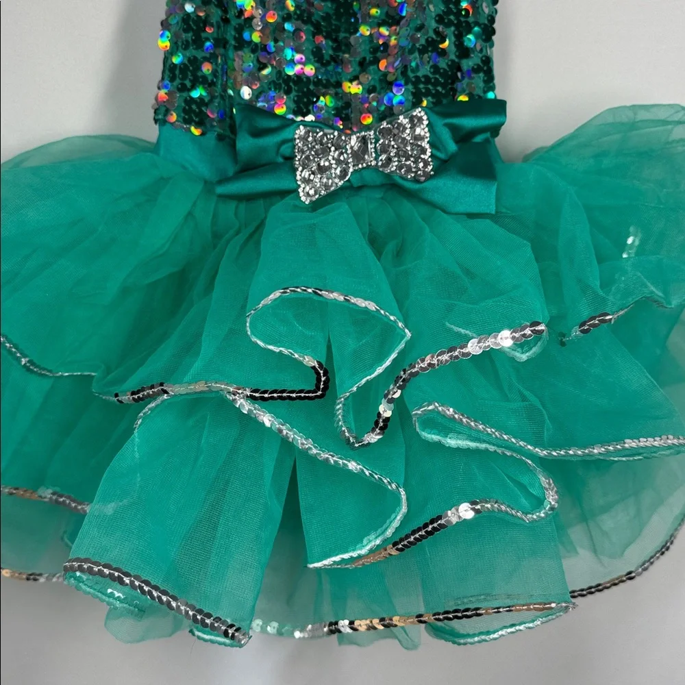 Weissman teal dance costume sequin bodice and a multi-layered tulle poof skirt